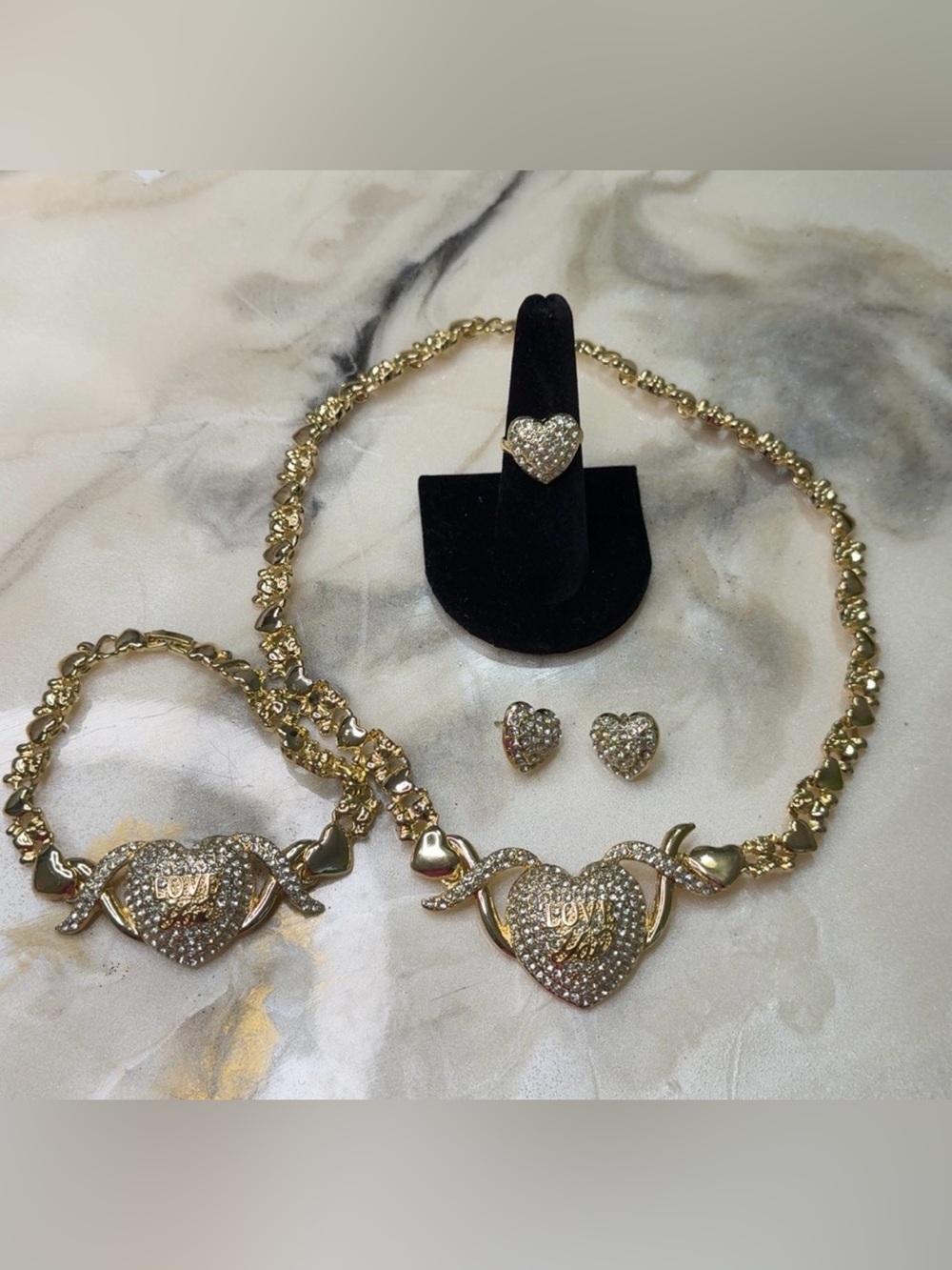 Gold Heart Pavé Necklace with 'LOVE' Accent - Gold Tone